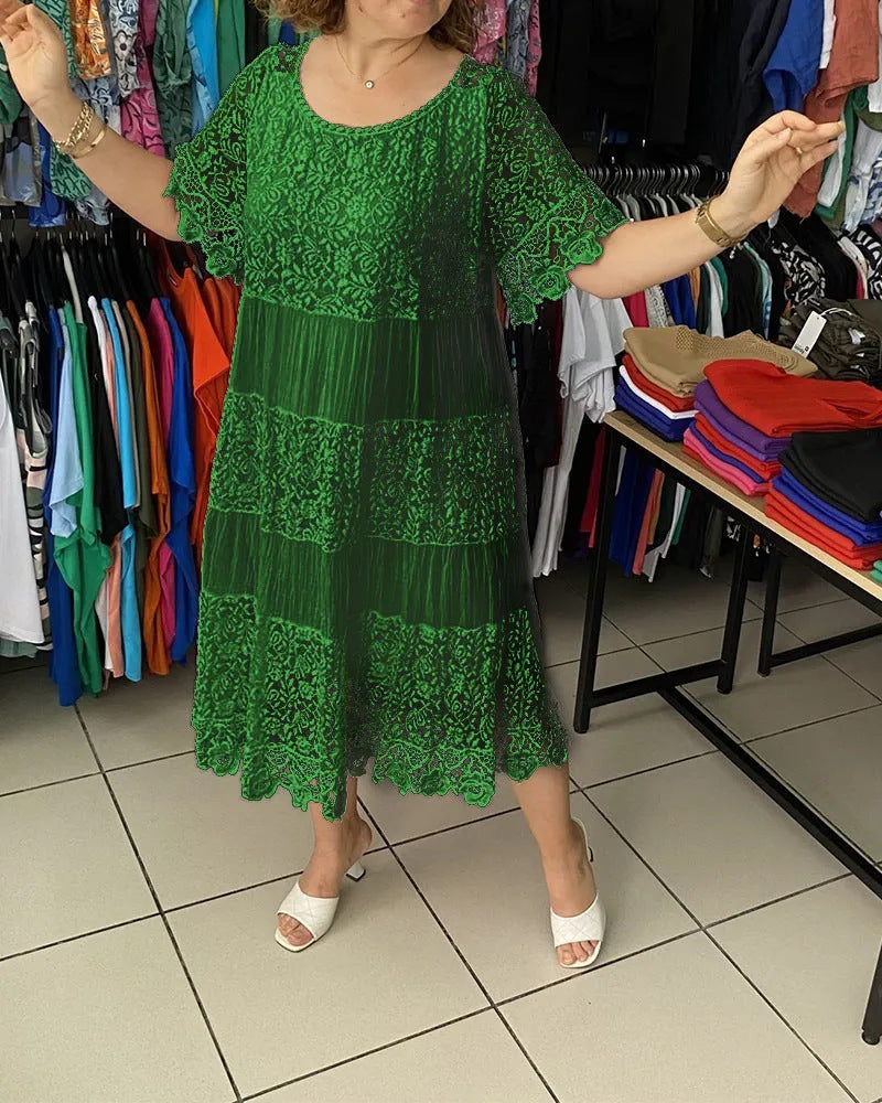 🌺👗【S-5XL】Nové čipkované šaty s okrúhlym výstrihom a krátkym rukávom