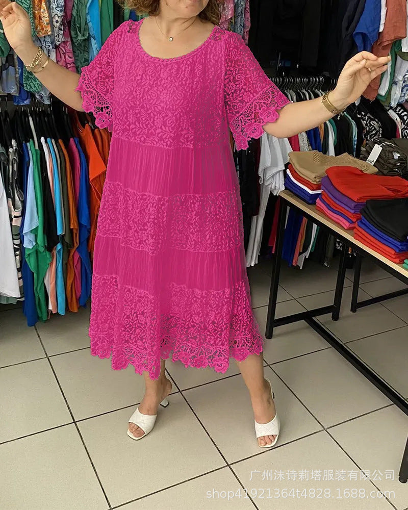 🌺👗【S-5XL】Nové čipkované šaty s okrúhlym výstrihom a krátkym rukávom