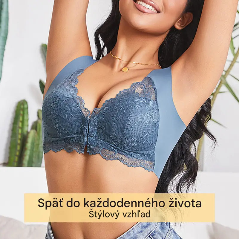 🔥💕【40-100 kg】✨👙 Podprsenka s push-up zapínaním vpredu a nádhernou čipkovou ozdobou vzadu