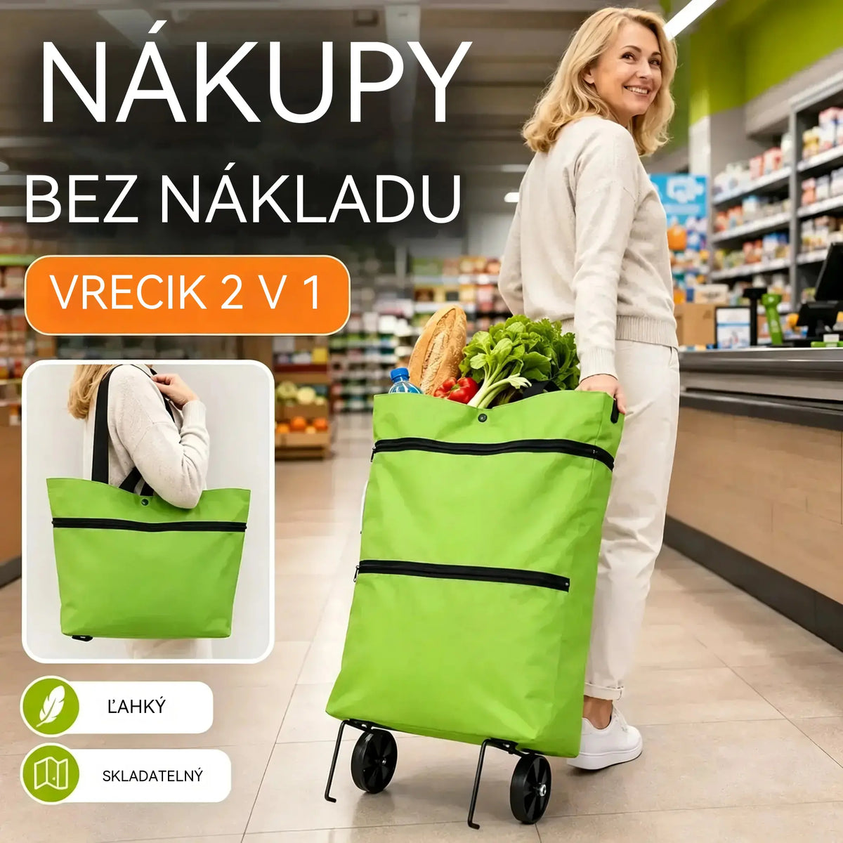 1 kus za 24 eur [Najpredávanejší produkt] 🛒♻️ Skladacia nákupná taška / batoh 2 v 1, ľahká nákupná taška / vozík