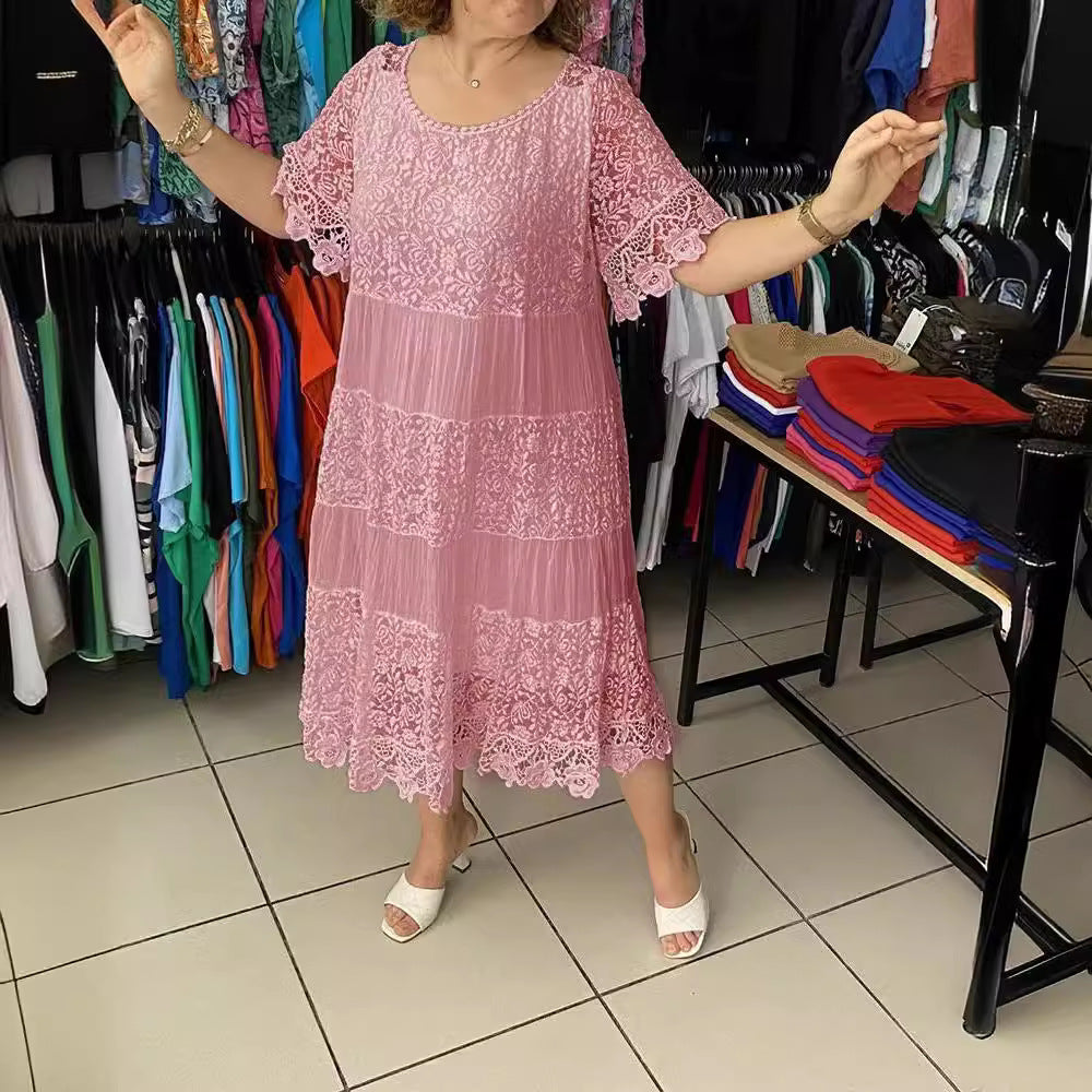 🌺👗【S-5XL】Nové čipkované šaty s okrúhlym výstrihom a krátkym rukávom
