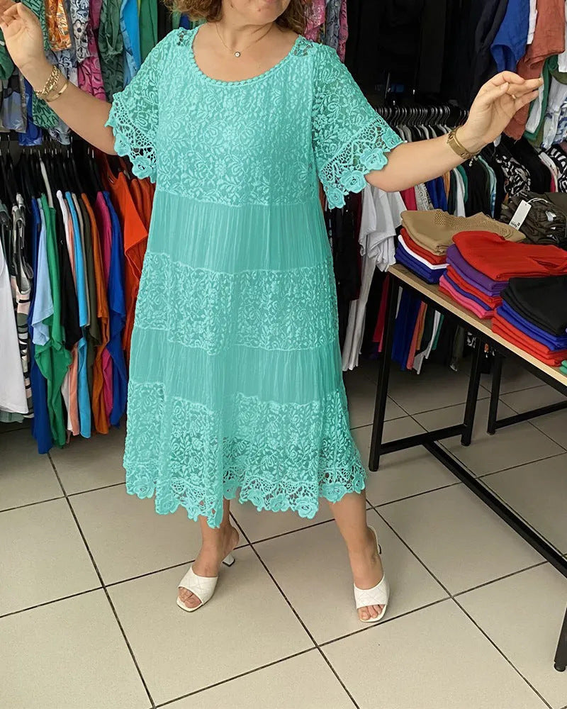 🌺👗【S-5XL】Nové čipkované šaty s okrúhlym výstrihom a krátkym rukávom