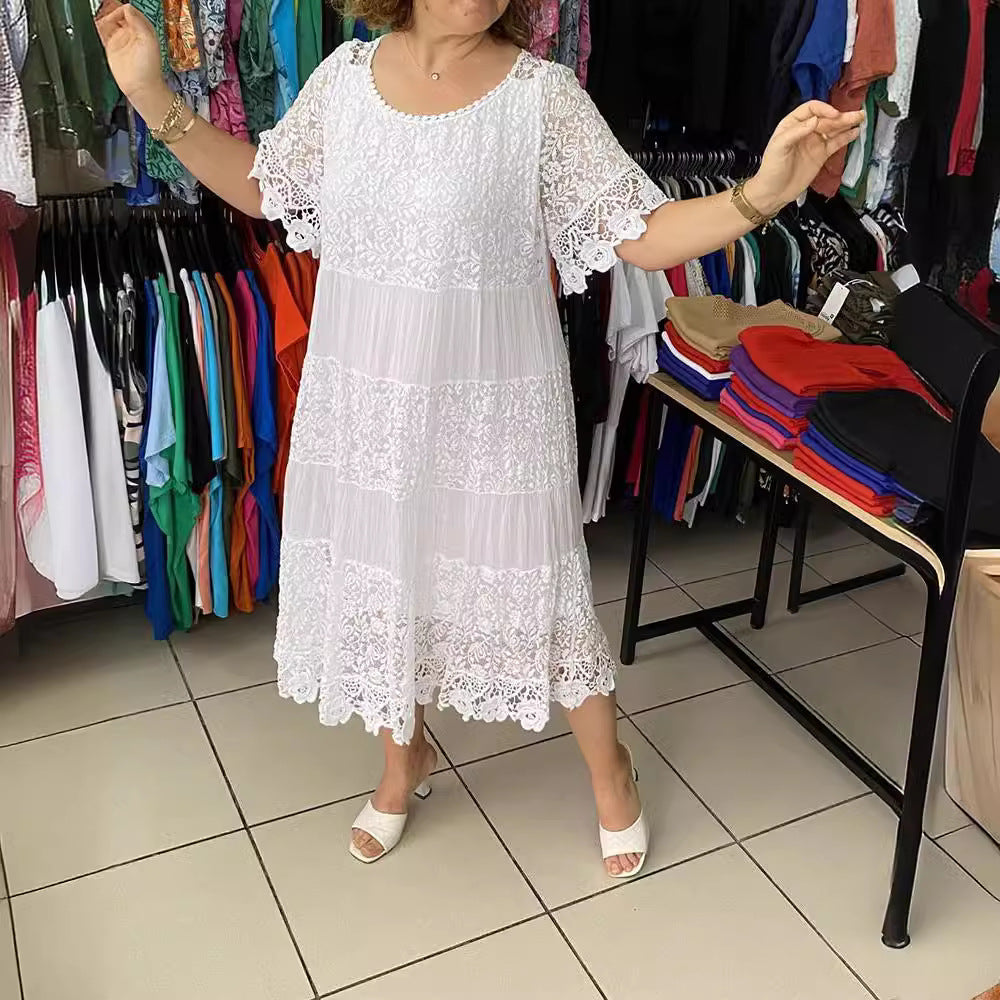 🌺👗【S-5XL】Nové čipkované šaty s okrúhlym výstrihom a krátkym rukávom