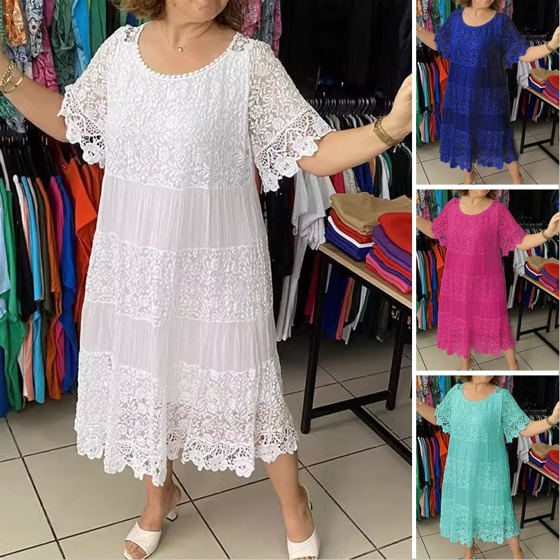 🌺👗【S-5XL】Nové čipkované šaty s okrúhlym výstrihom a krátkym rukávom